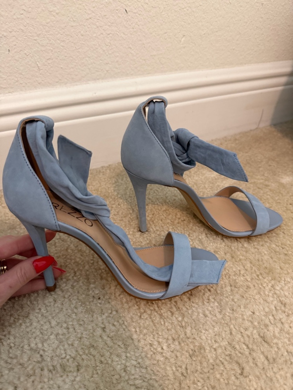 New! AREZZO Light Blue Suede Ankle Tie Heeled Sandals - Picture 2 of 4